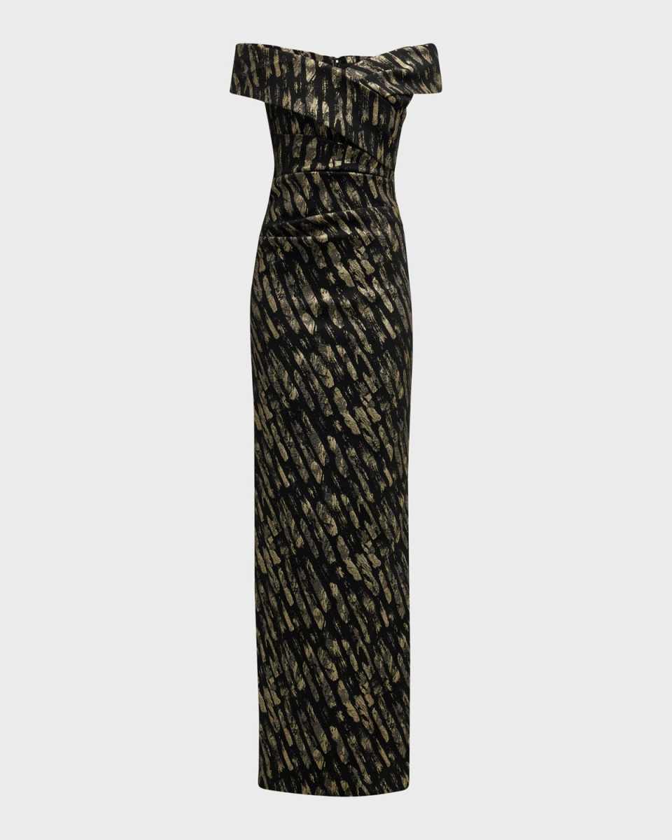 Off-Shoulder Brushstroke Jacquard Column Gown